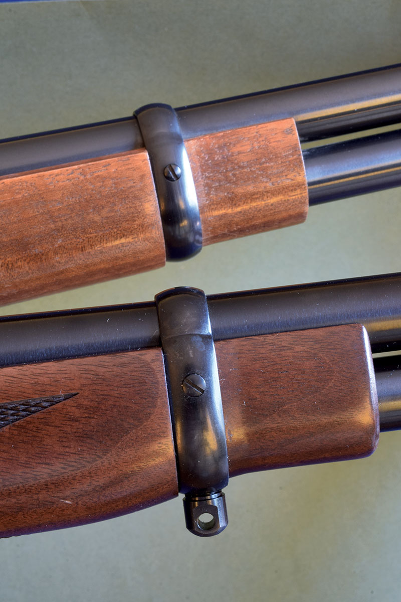 Unlike the 1980 forend, Ruger’s rendition (foreground) tapers to a flush fit at receiver and front band.